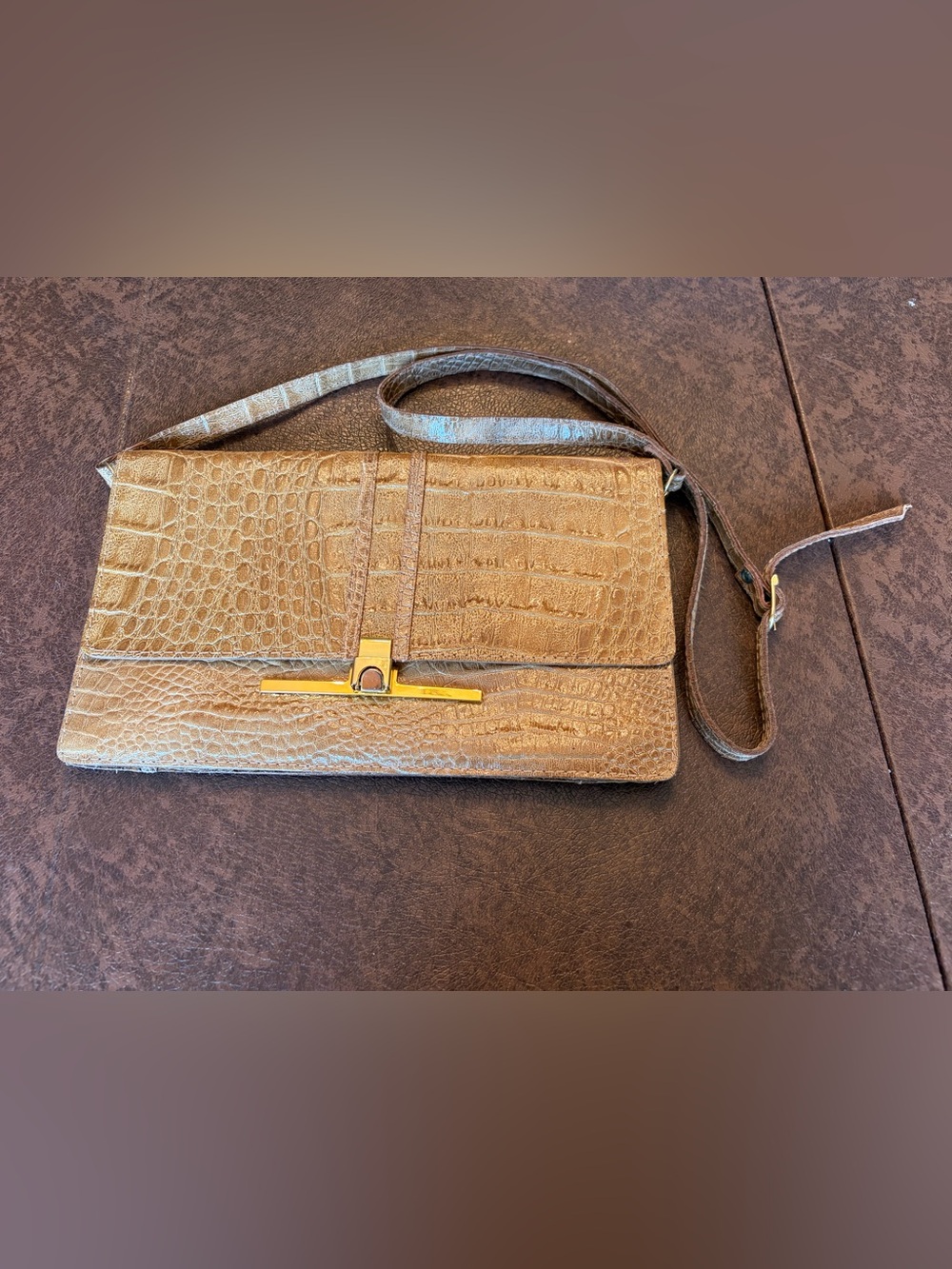 Vintage Croc-Embossed Brown Leather Shoulder Bag